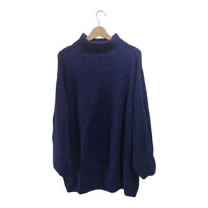 H&M Women's Oversized Ribbed Knit Sweater Size L Blue Mohair High Neck